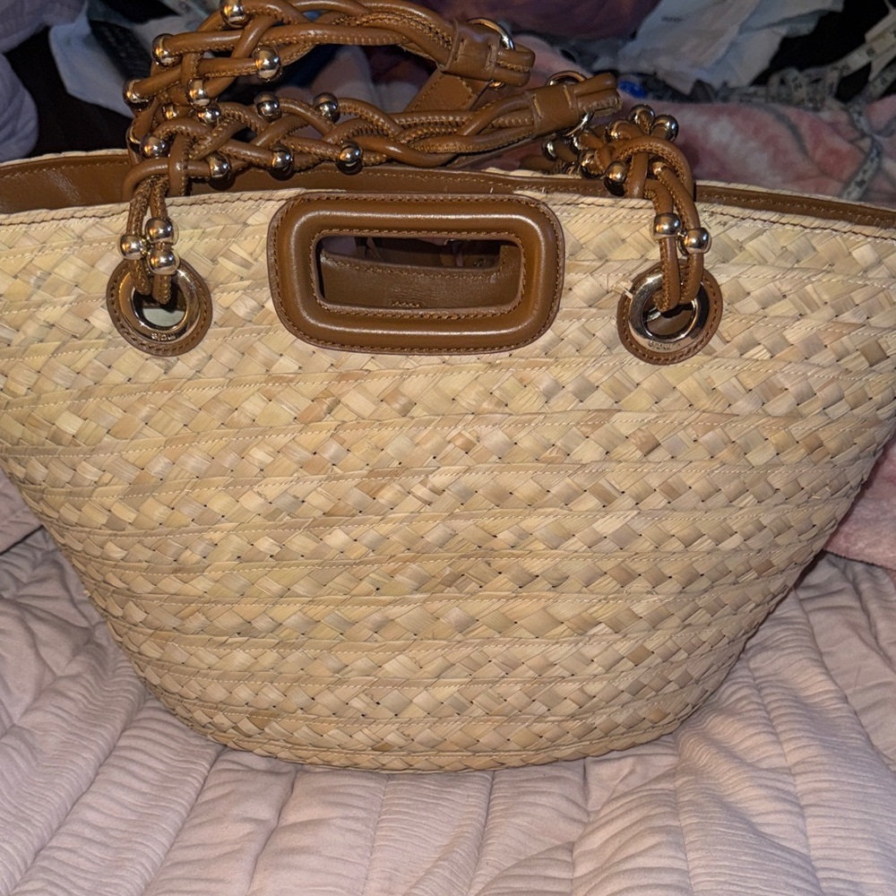 Maje Tan Woven Tote with Leather Handles